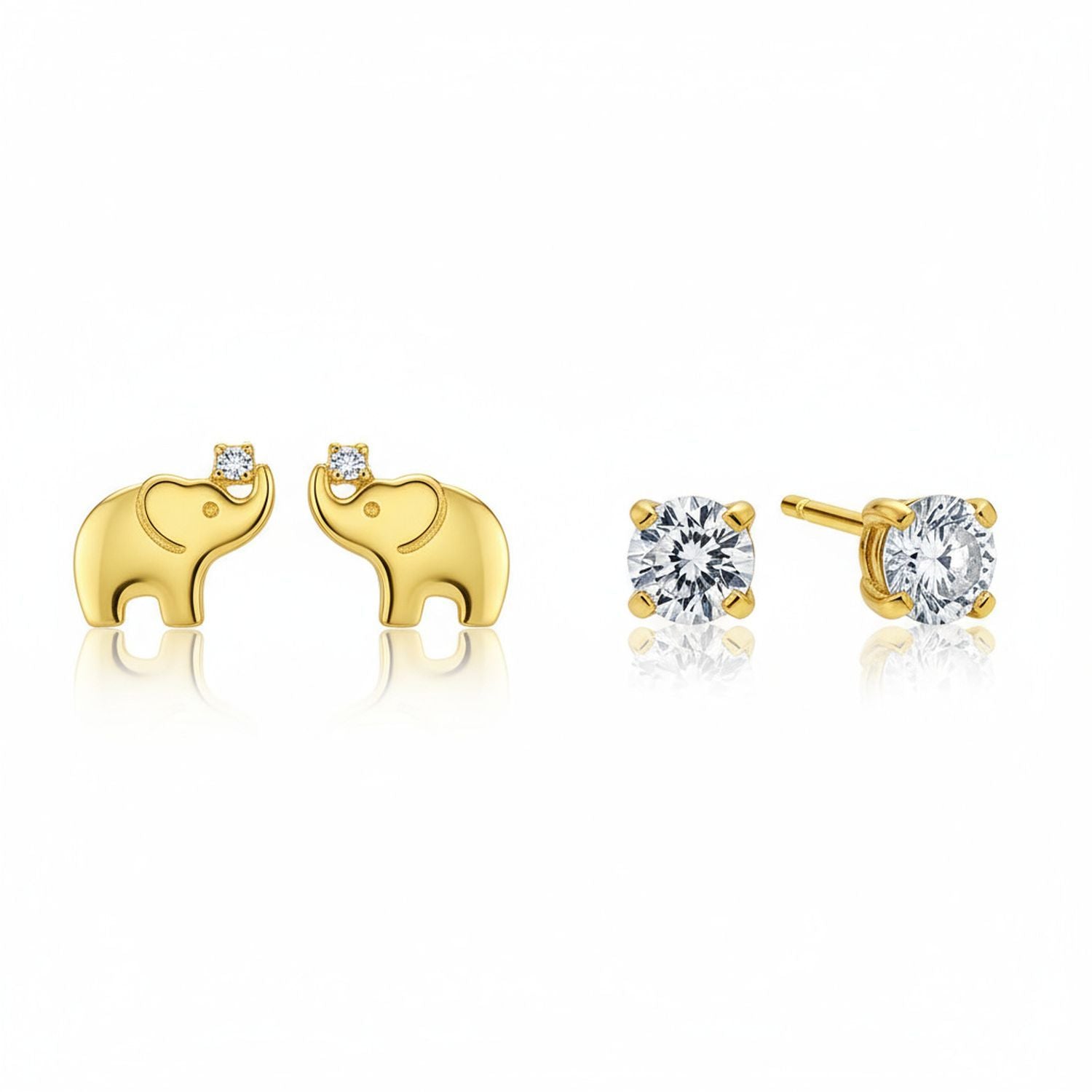 cz-stud-gold-earring-elephant_gio-fe3827-set-az Set of 2 Tiny Lucky Elephant & Round CZ Stud Earrings 14K Yellow Gold Screw Back - Image 1