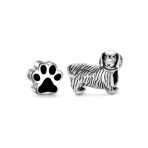 Set of 2 Oxidized Silver Dachshund Dog Black Paw Print Charm Bead Pet Lover