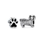 Set of 2 Oxidized Silver Dachshund Dog Black Paw Print Charm Bead Pet Lover