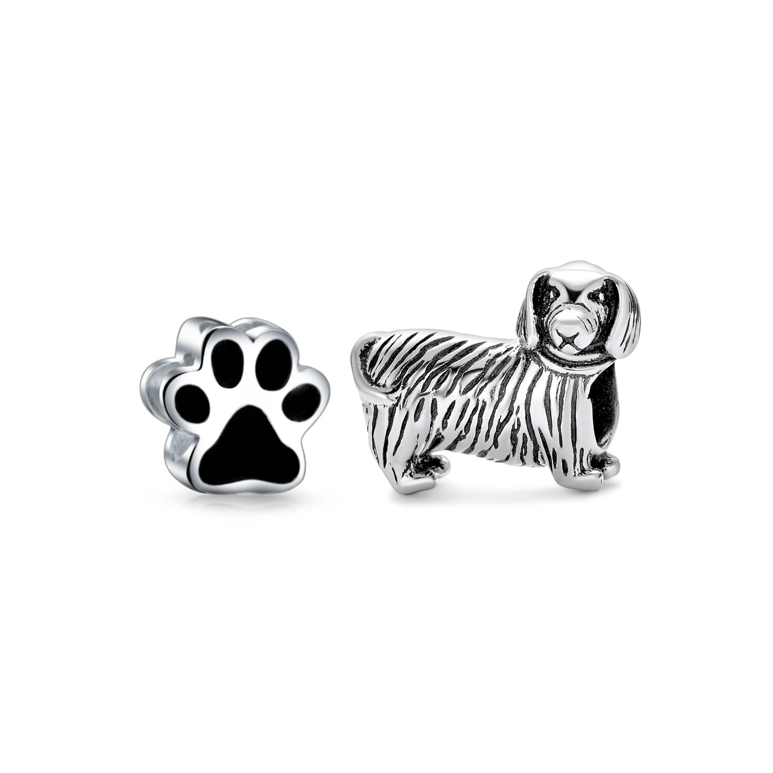 dachshund-paw-print-charm-pbx-hs-751-drkset-az Set of 2 Oxidized Silver Dachshund Dog Black Paw Print Charm Bead Pet Lover - Image 1
