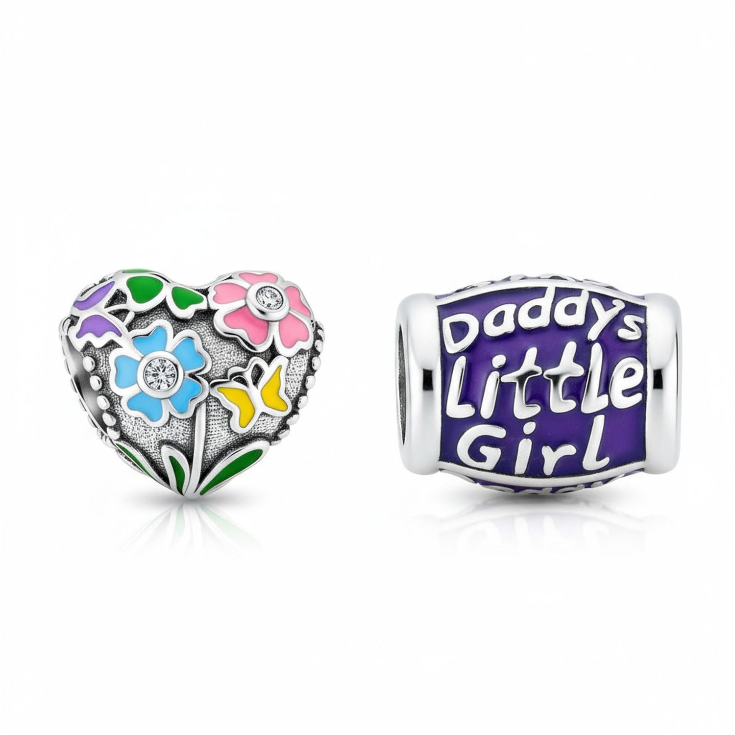 dadys-girl-floral-heart-multi-color-combo-bead_pbx-he-1099-set-az Set of 2 Floral Heart & Daddy's Little Girl Charm Bead Sterling Silver - Image 1