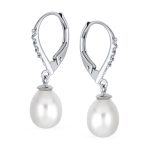 Simple Bridal CZ Pearl Teardrop Dangle Earrings Sterling Silver Leverback - Image 2