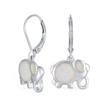 Lucky Elephant Dangle Gemstone Earrings White Opal Silver October Birthstone