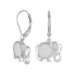 Lucky Elephant Dangle Gemstone Earrings White Opal Silver October Birthstone