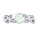 Oval White Created Opal CZ Accent Cubic Zirconia Open Leaf Ring Sterling Silver