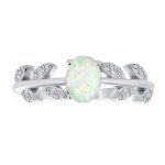 Oval White Created Opal CZ Accent Cubic Zirconia Open Leaf Ring Sterling Silver