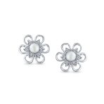 White Freshwater Cultured Pearl Daisy Flower Stud Earrings .925 Sterling Silver - Image 2