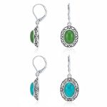 Set of 2 Blue Turquoise & Dyed Green Quartz Dangle Earrings Lever Back Silver
