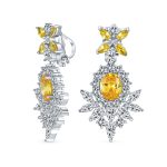 Cocktail Leaf Motif Cubic Zirconia Black White CZ Chandelier Clip-On Earrings