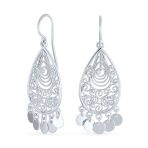 Bali Boho Style Teardrop Dangling Coins Statement Earrings Sterling Silver