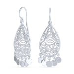 Bali Boho Style Teardrop Dangling Coins Statement Earrings Sterling Silver
