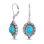 Bali Style Oval Natural Blue Turquoise Dangle Drop Earrings Lever Back .925 Sterling Silver