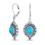 Bali Style Oval Natural Blue Turquoise Dangle Drop Earrings Lever Back .925 Sterling Silver