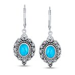 Bali Style Oval Natural Blue Turquoise Dangle Drop Earrings Lever Back .925 Sterling Silver - Image 2