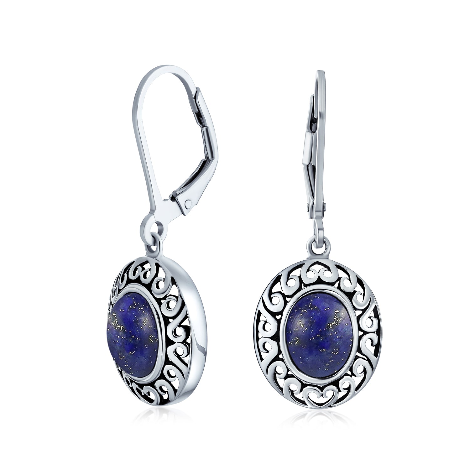 dangle-earrings-blue-lapis-gemstone_n-nk-enk-0136-az_1 3CT Gemstone Oval Bezel Set Lever Back Dangle Earrings Sterling Silver - Image 1
