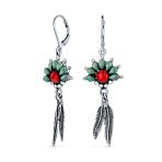 Western Style Squash Blossom Turquoise & Coral Feather Dangle Earrings .925 Sterling Silver
