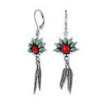 Western Style Squash Blossom Turquoise & Coral Feather Dangle Earrings .925 Sterling Silver
