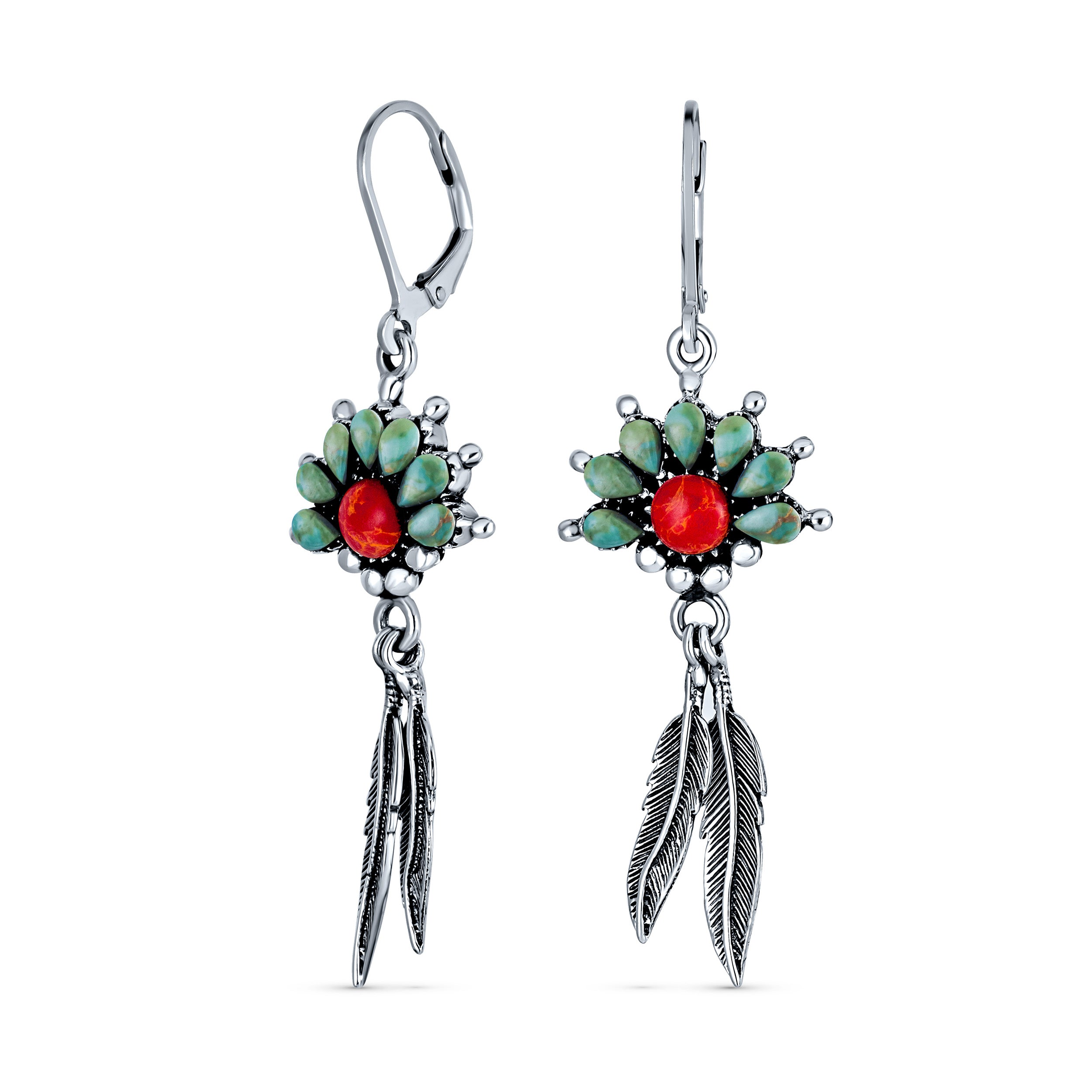 dangle-earrings-coral-feather-turquoise_eam-tse-003-az11 Western Style Squash Blossom Turquoise & Coral Feather Dangle Earrings .925 Sterling Silver - Image 1