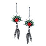 Western Style Squash Blossom Turquoise & Coral Feather Dangle Earrings .925 Sterling Silver - Image 2