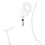 Western Style Squash Blossom Turquoise & Coral Feather Dangle Earrings .925 Sterling Silver - Image 3