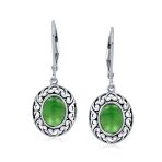 Set of 2 Blue Turquoise & Dyed Green Quartz Dangle Earrings Lever Back Silver - Image 4