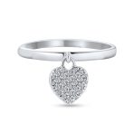 Simple Delicate Sterling Silver Pave Dangle Heart Charm Ring 1MM Thin Band