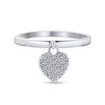 Simple Delicate Sterling Silver Pave Dangle Heart Charm Ring 1MM Thin Band