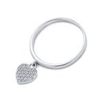 Simple Delicate Sterling Silver Pave Dangle Heart Charm Ring 1MM Thin Band - Image 2
