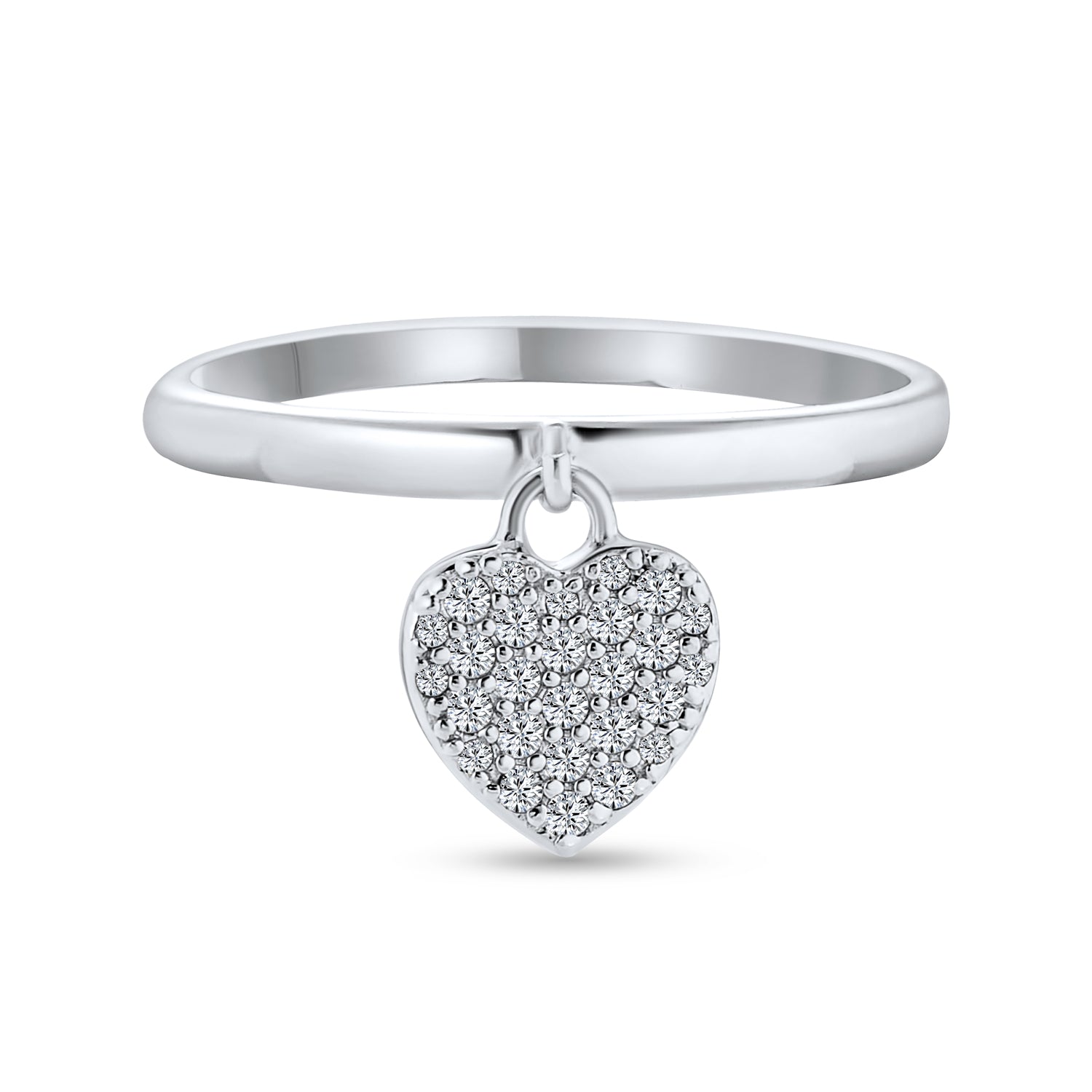 dangle-heart-ring-silver_sgh-7-78686 Simple Delicate Sterling Silver Pave Dangle Heart Charm Ring 1MM Thin Band - Image 1