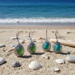 Set of 2 Blue Turquoise & Dyed Green Quartz Dangle Earrings Lever Back Silver - Image 2