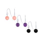 Set of 3 Drop Ball Earrings Onyx Amethyst Turquoise Lapis Lazuli Malachite Silver