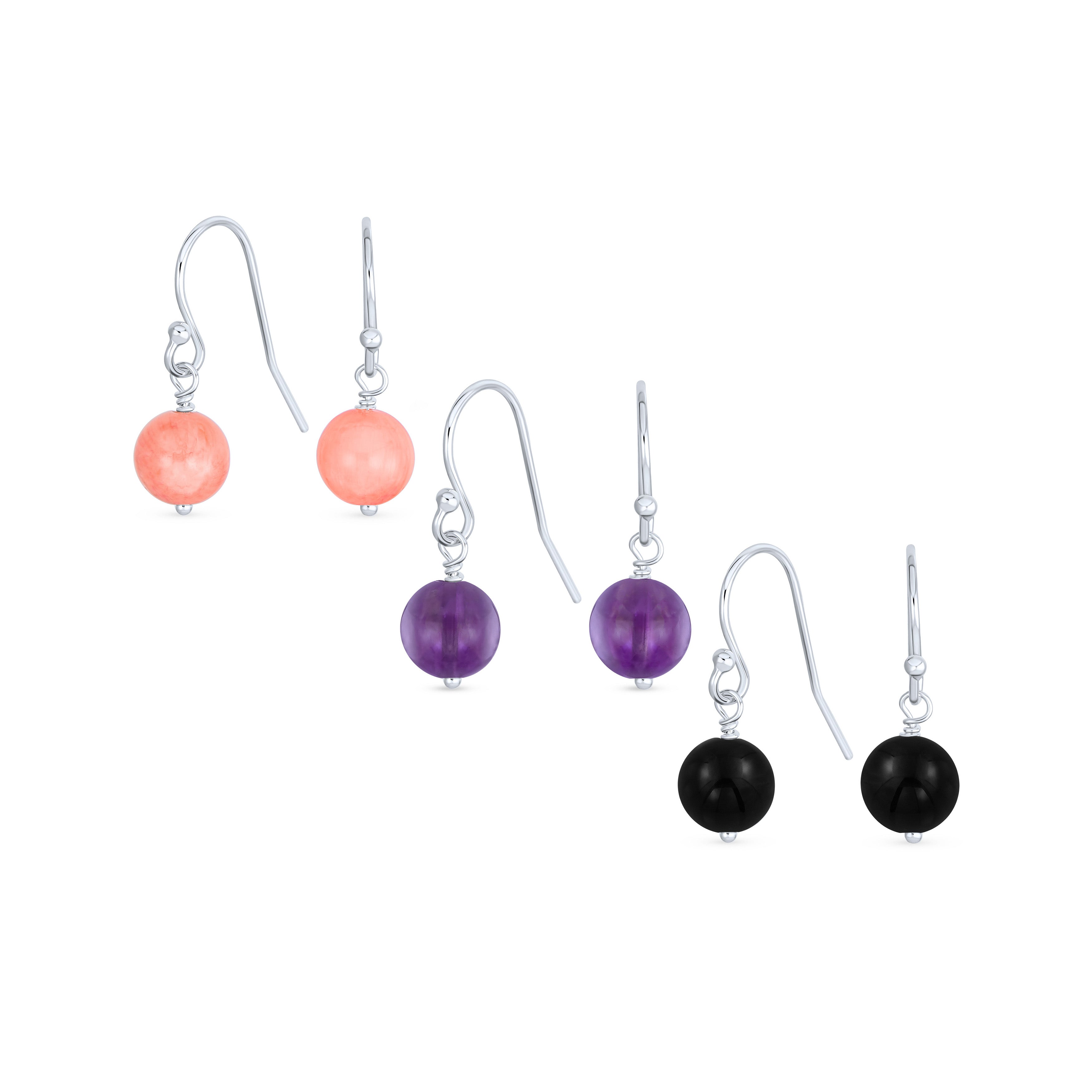 dangle_bead_wire_earrings_cb-bj0681set-az_11 Set of 3 Drop Ball Earrings Onyx Amethyst Turquoise Lapis Lazuli Malachite Silver - Image 1