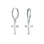 Tiny Religious Cross Dangling Huggies Earrings Sterling Silver Leverback