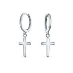 Tiny Religious Cross Dangling Huggies Earrings Sterling Silver Leverback
