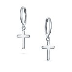 Tiny Religious Cross Dangling Huggies Earrings Sterling Silver Leverback - Image 4