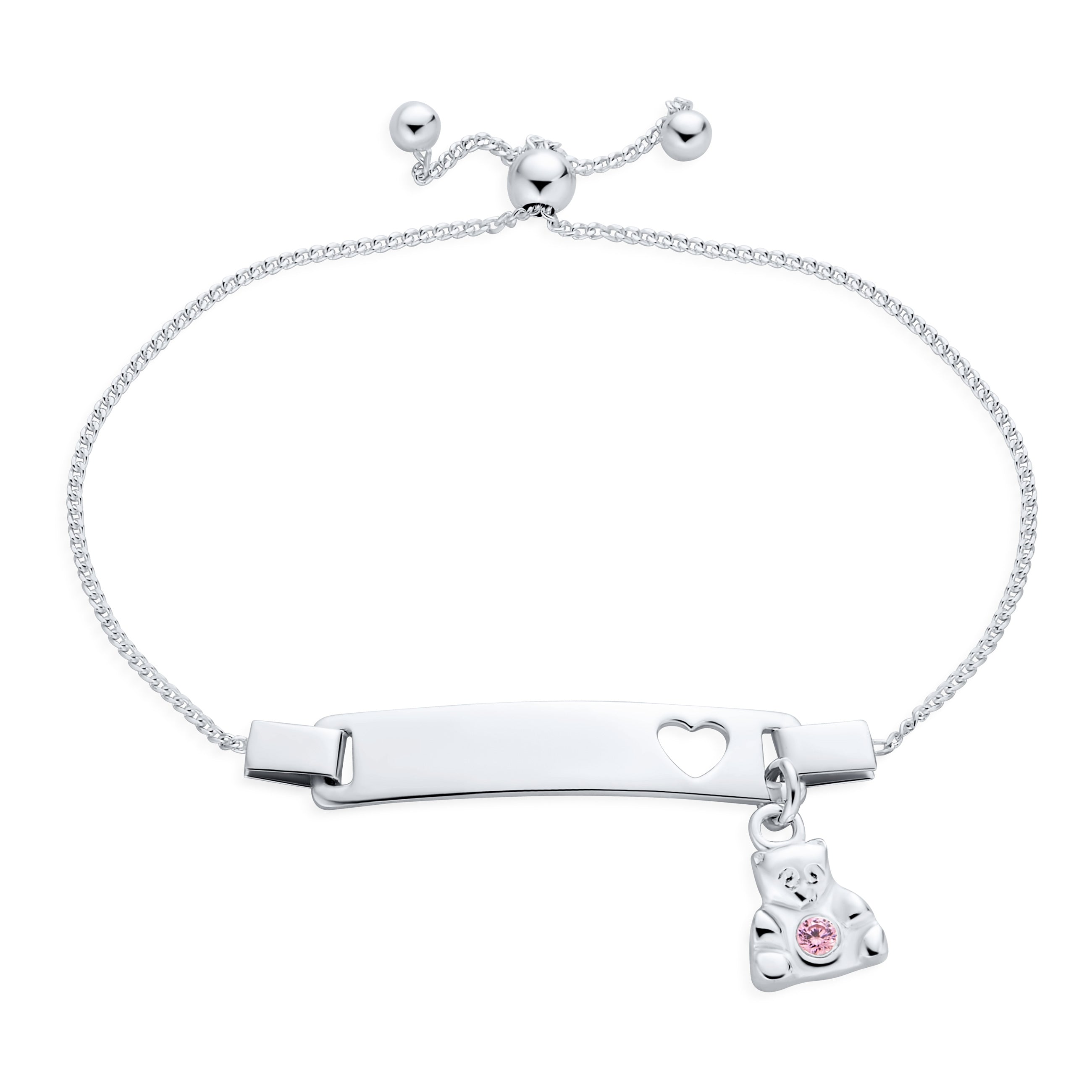 delicate-bear-charm-id-heart-bracelet-srn-s122887b-az_01 Petite Bear Charm Blank Name Identification ID Bolo Bracelet .925 Sterling Silver 5- 6" Adjustable - Image 1