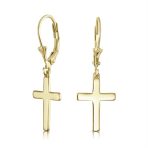 Minimalist Religious Cross Dangle Earrings 14K Gold Plated Sterling Silver Leverback - Image 2