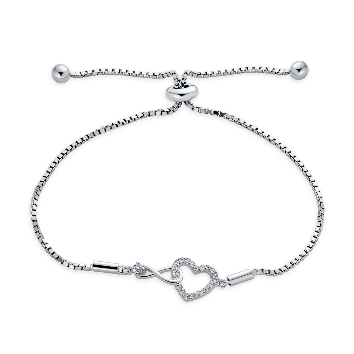 delicate-infinity-heart-bolo-bracelet-xny-bs0596w1-01 Romantic Delicate CZ Accent Infinity & Heart Bolo Bracelet Sterling Silver Adjustable Slide - Image 1