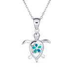 Nautical Plumeria Flower Blue Opal Sea Turtle Pendant Necklace Sterling Silver