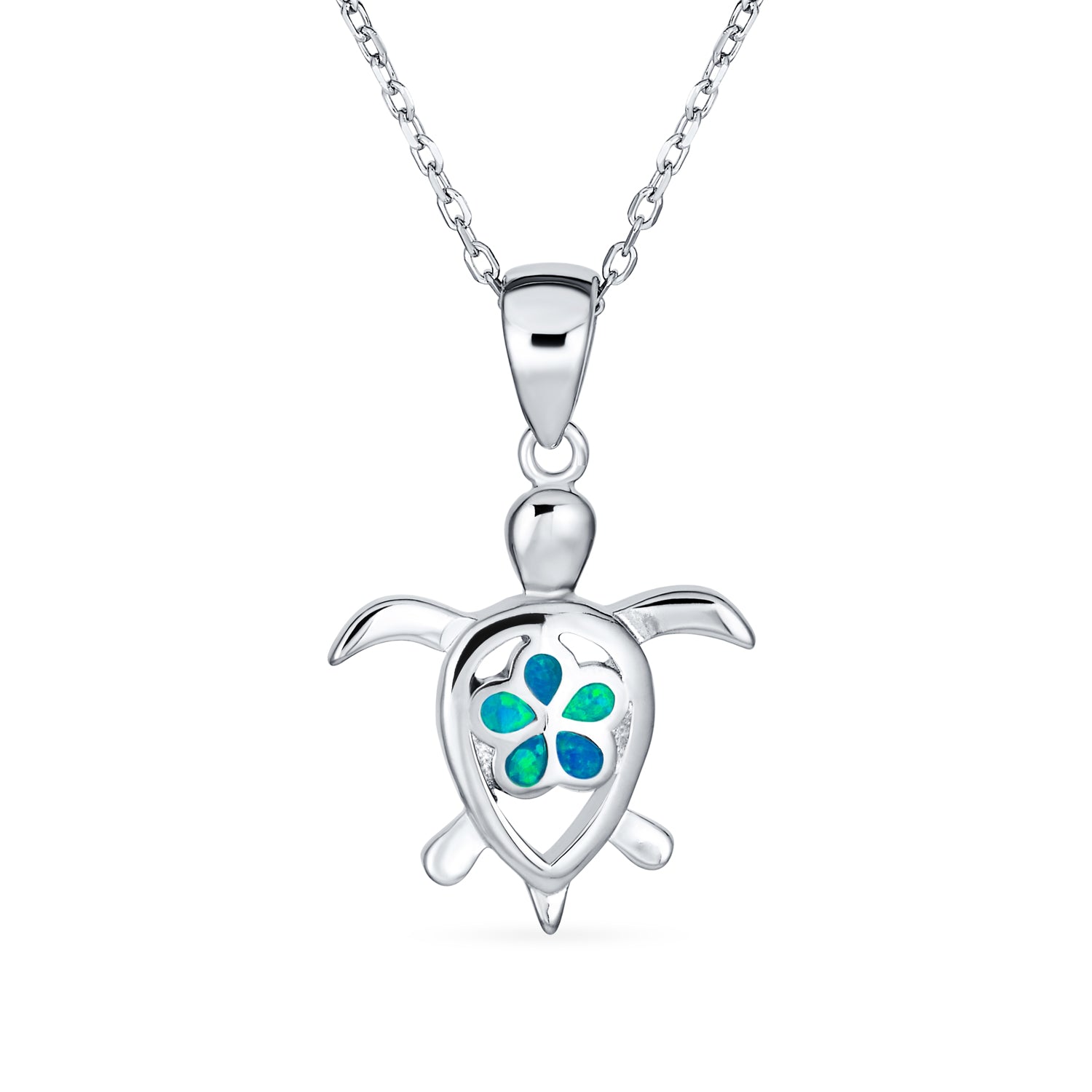 delicate-nautical-plumeria-flower-turtle-green-blue-opal-pendant-xny-pes1270a1bl Nautical Plumeria Flower Blue Opal Sea Turtle Pendant Necklace Sterling Silver - Image 1