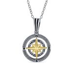 Unisex Viking Compass Pendant Necklace Two-Tone Sterling Silver with Chain