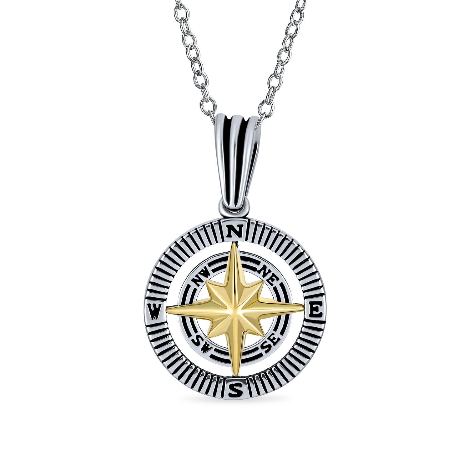 disc-pendant-compass0silver-gold-necklace-travel_pts-ku456 Unisex Viking Compass Pendant Necklace Two-Tone Sterling Silver with Chain - Image 1