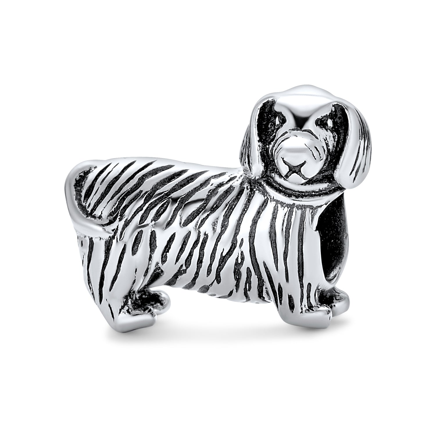 dog-bead-charm-pandora-woof_pbx-hs-751-drk_1 Oxidized Silver Dachshund Hot Dog Charm Bead European Bracelet Pet Animal Lover - Image 1