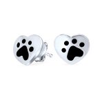 Animal Pet Lovers Black Enamel Heart Paw Print Stud Earrings .925 Sterling Silver