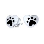 Animal Pet Lovers Black Enamel Heart Paw Print Stud Earrings .925 Sterling Silver