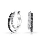 Black White CZ Hoop Earrings Pave Circle Silver Plated