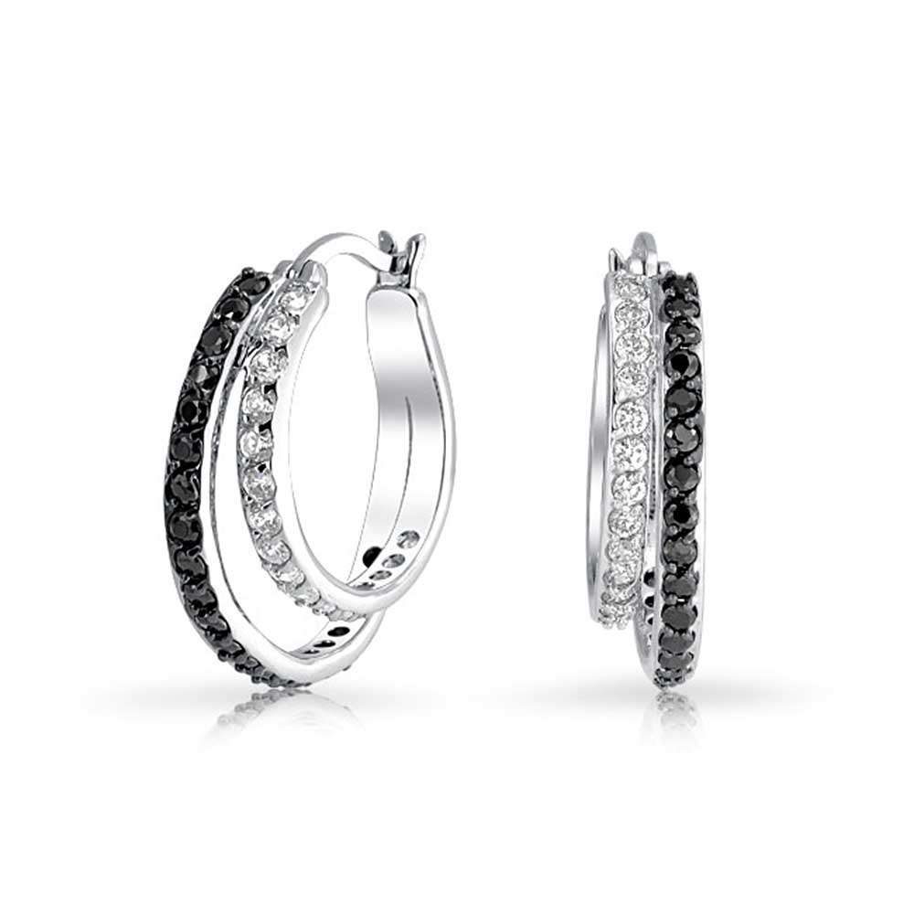 double-hoop-earrings-silver-plated-brass_oa-21ola1231bk_1 Black White CZ Hoop Earrings Pave Circle Silver Plated - Image 1