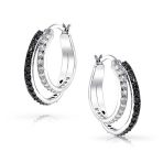 Black White CZ Hoop Earrings Pave Circle Silver Plated - Image 2