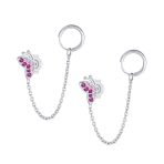 Double Piercings Chain Ear Cuff Cartilage Earlobe Stud Pink CZ Butterfly Earrings Sterling Silver