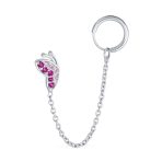 Double Piercings Chain Ear Cuff Cartilage Earlobe Stud Pink CZ Butterfly Earrings Sterling Silver - Image 2